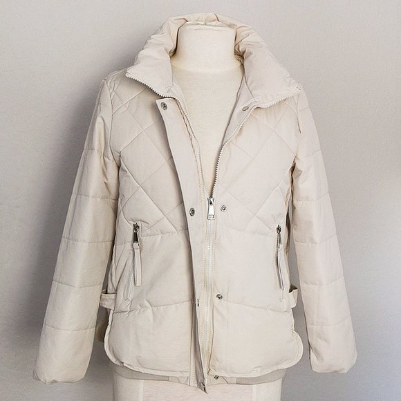 NEW Stone Ecru Ivory Diamond Quilted High Neck Nylon Cozy Warm Puffer Jacket - Picture 3 of 11